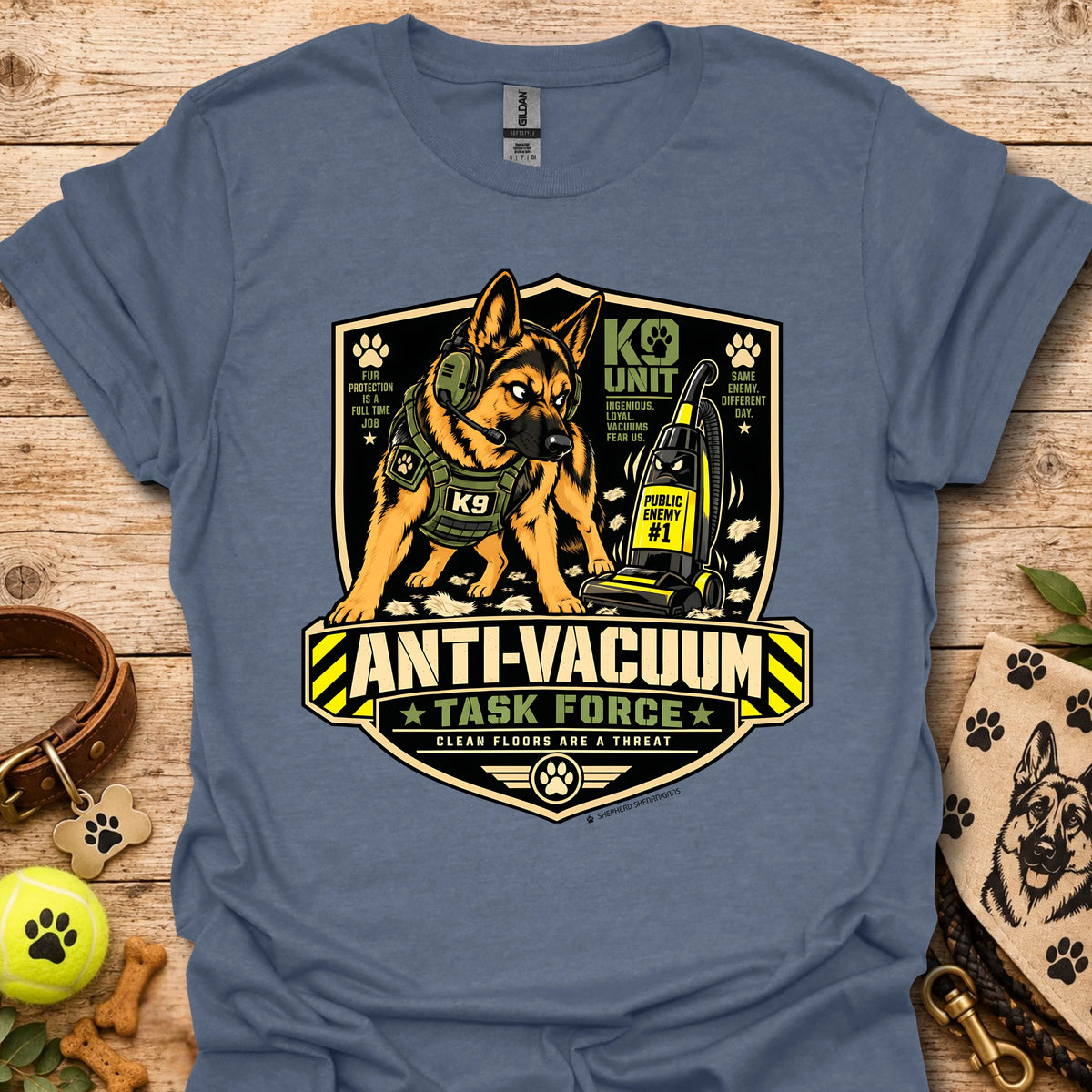 Anti-Vacuum Task Force graphic T-shirt, slate blue with dog and vacuum emblem front