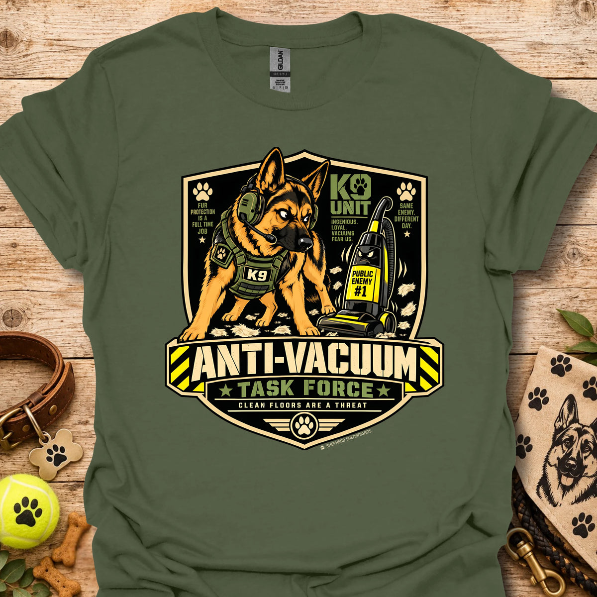 Anti-Vacuum Task Force graphic T-shirt, military green with dog and vacuum emblem front