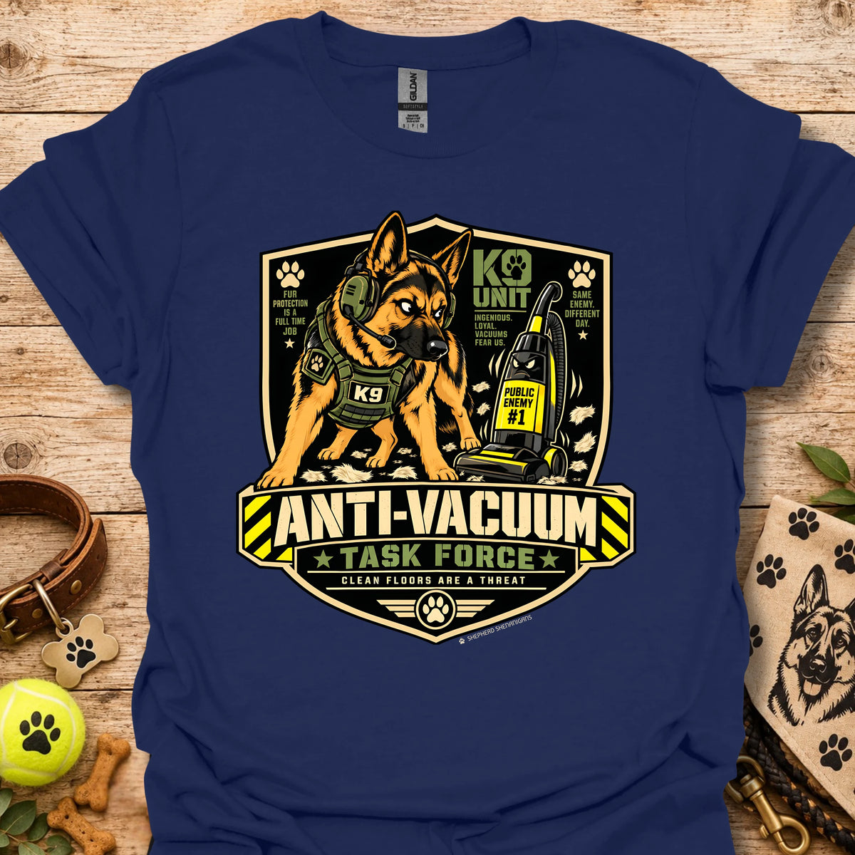 Anti-Vacuum Task Force graphic T-shirt, navy blue with dog and vacuum emblem front