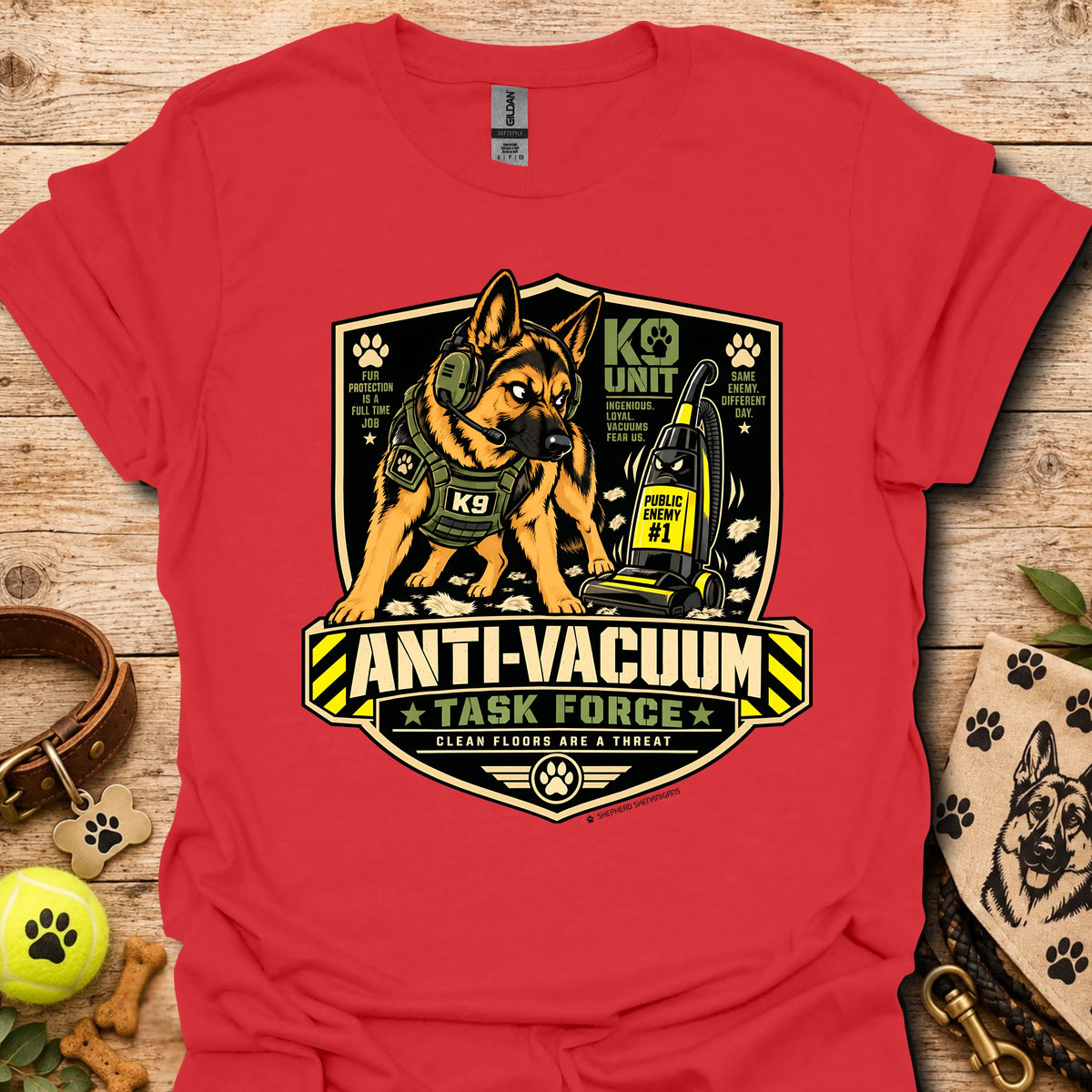 Anti-Vacuum Task Force graphic T-shirt, red with dog and vacuum emblem front