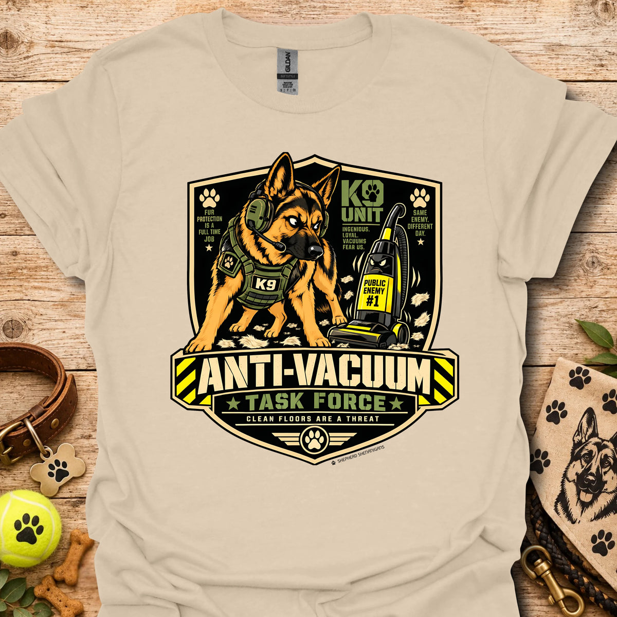 Anti-Vacuum Task Force graphic T-shirt, sand/beige with dog and vacuum emblem front