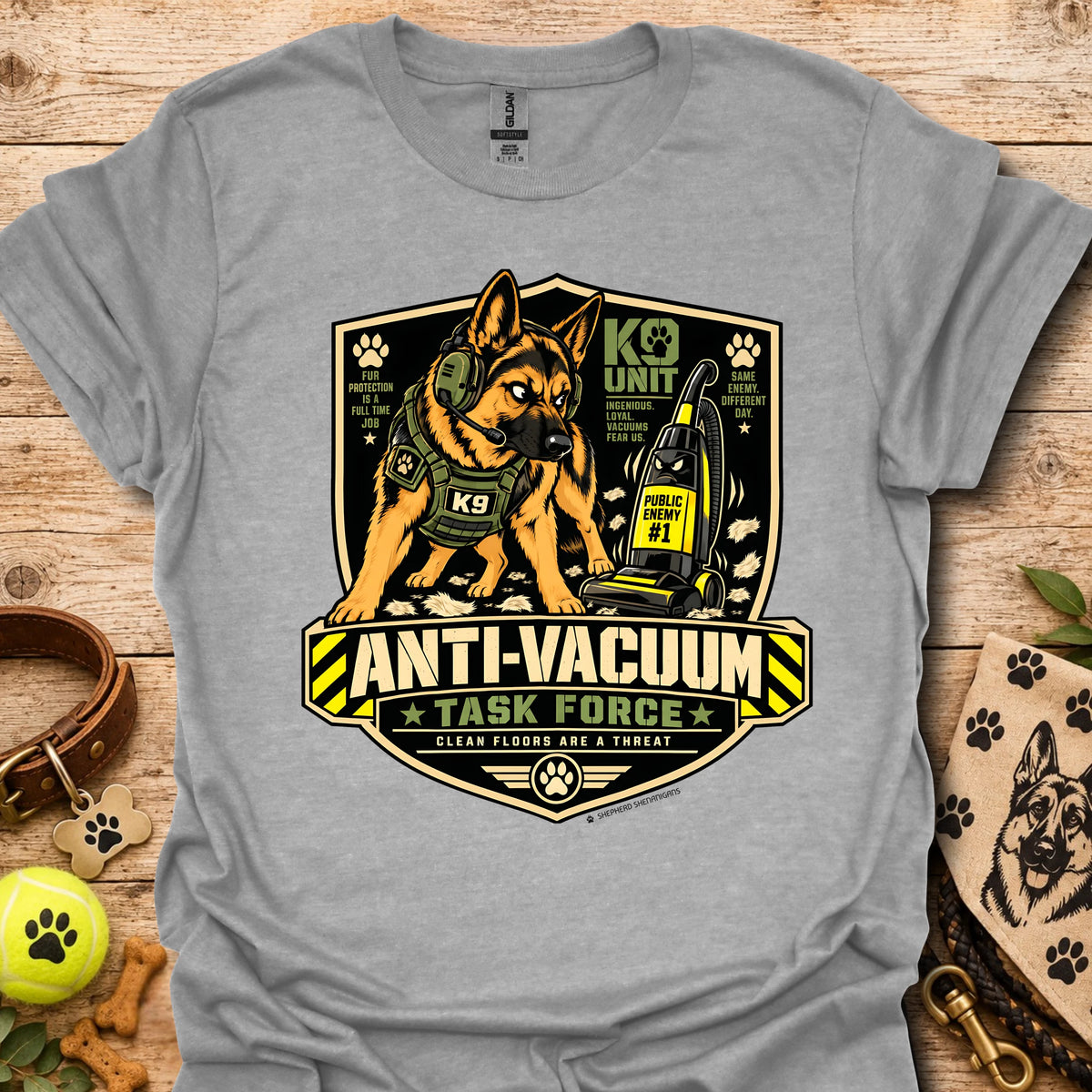 Anti-Vacuum Task Force graphic T-shirt, light gray with dog and vacuum emblem front