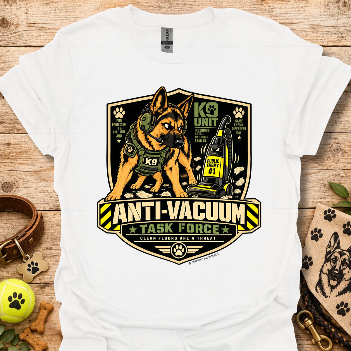 Anti-Vacuum Task Force graphic T-shirt, white with dog and vacuum emblem front