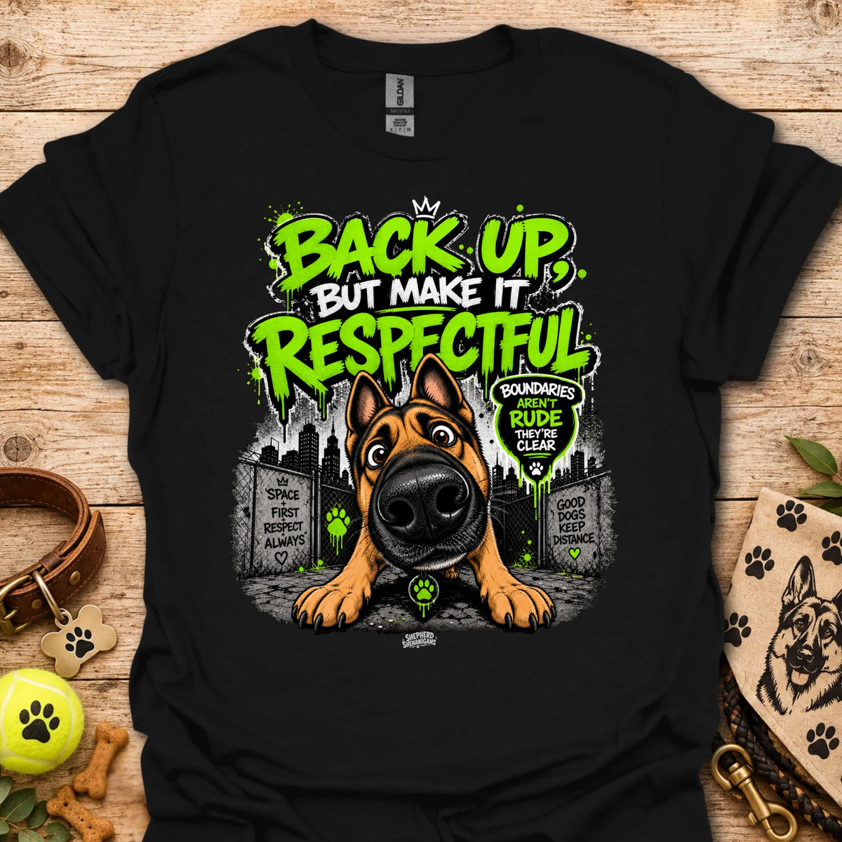 Black crew-neck t-shirt with dog portrait graphic and “Back up but make it respectful” text