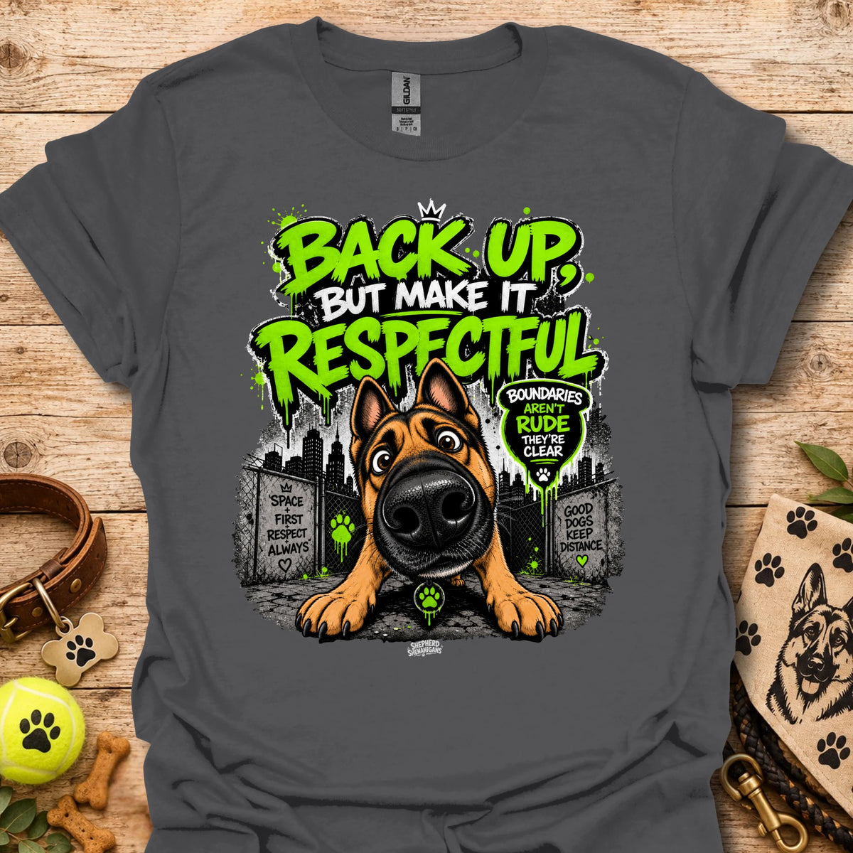 Crew-neck black t-shirt with dog portrait graphic and “Back up but make it respectful” text