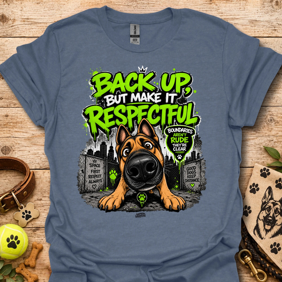 Crew-neck heather blue t-shirt with dog portrait graphic and “Back up but make it respectful” text