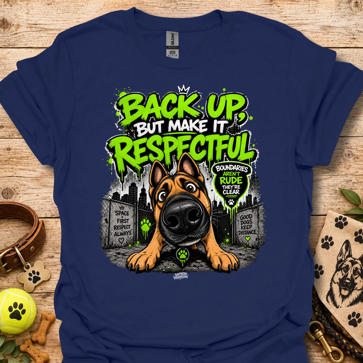 Crew-neck navy t-shirt with dog portrait graphic and “Back up but make it respectful” text