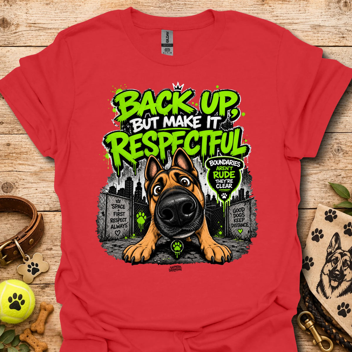 Crew-neck red t-shirt with dog portrait graphic and “Back up but make it respectful” text