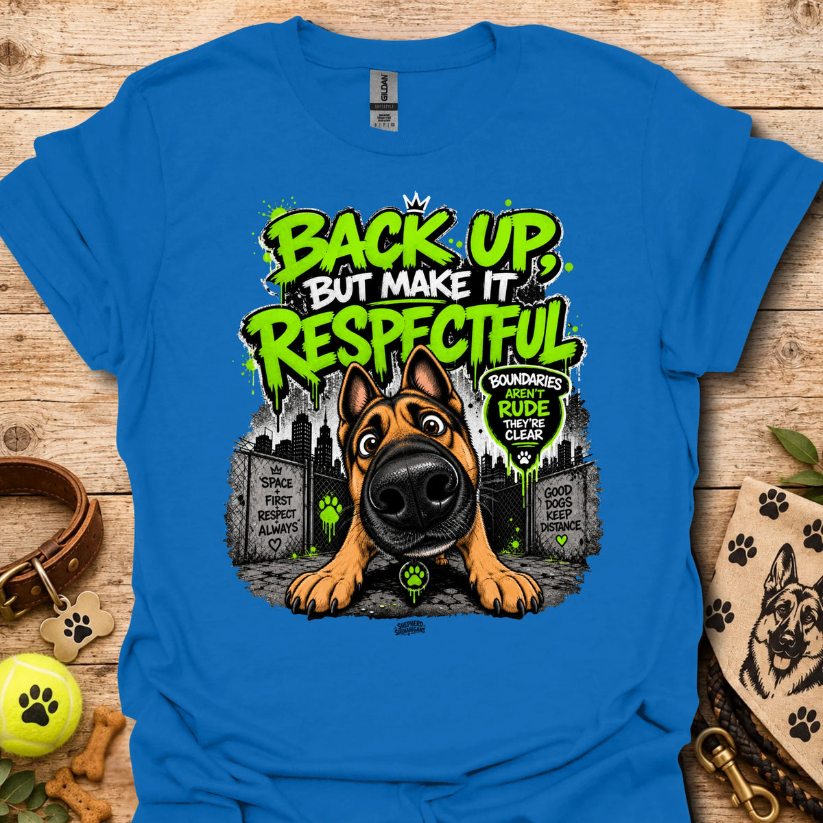 Crew-neck royal blue t-shirt with dog portrait graphic and “Back up but make it respectful” text