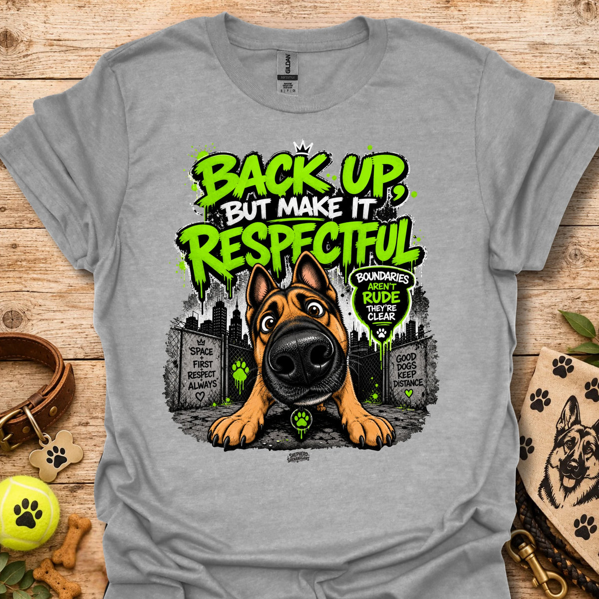 Crew-neck sport gray t-shirt with dog portrait graphic and “Back up but make it respectful” text
