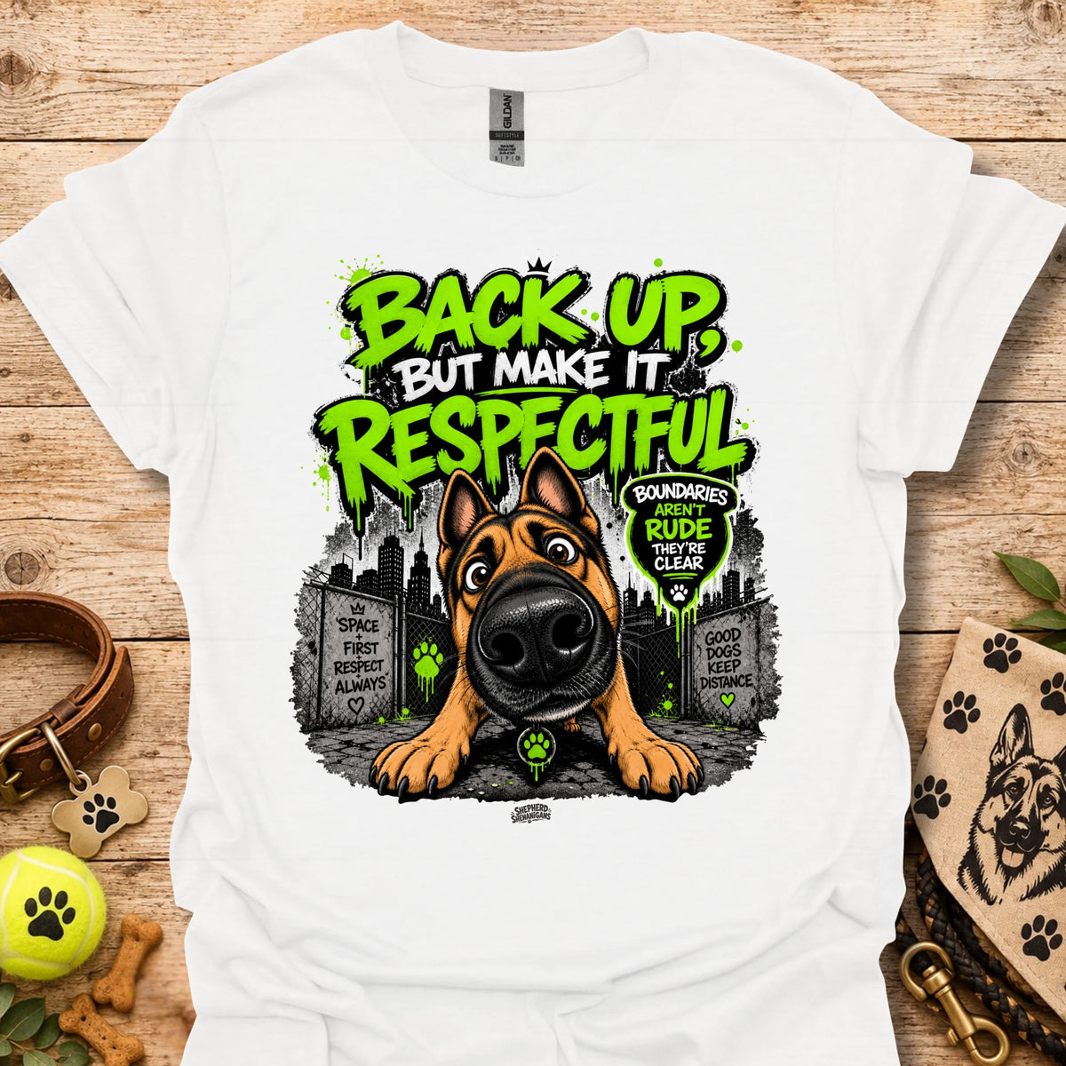 Crew-neck white t-shirt with dog portrait graphic and “Back up but make it respectful” text