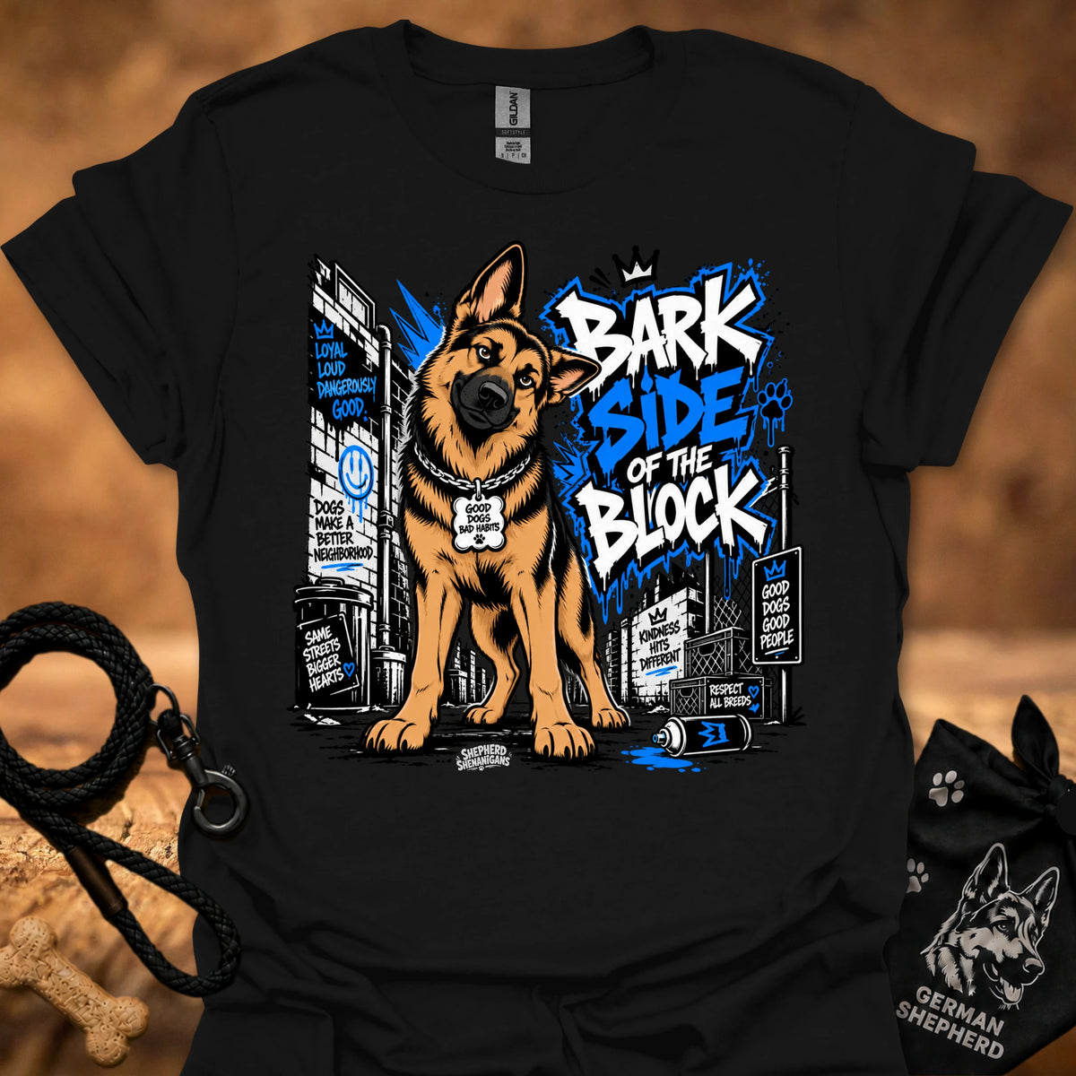 Black dog T-shirt with German shepherd graphic and "Bark Side of the Block" print