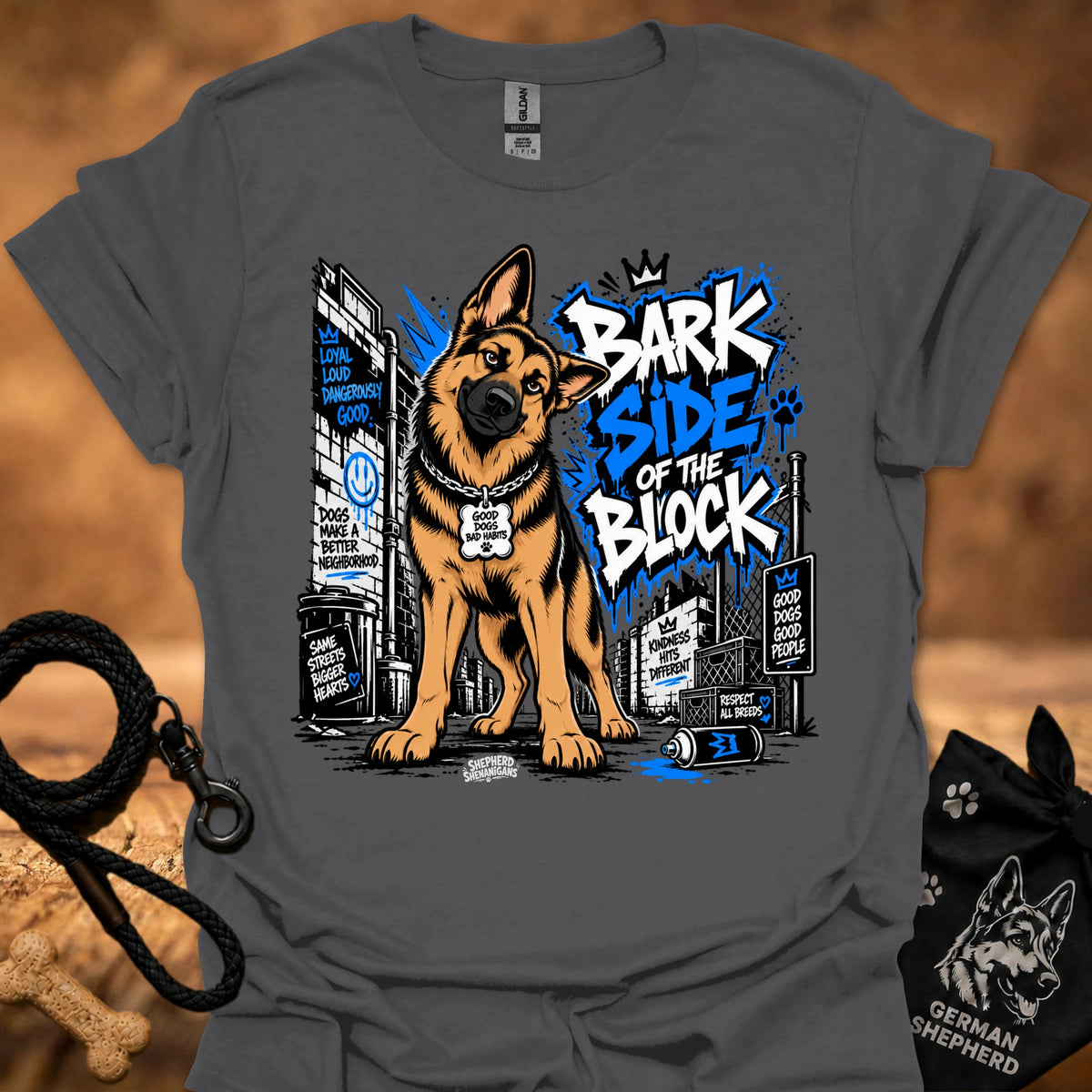 Charcoal dog T-shirt with German shepherd graphic and "Bark Side of the Block" print