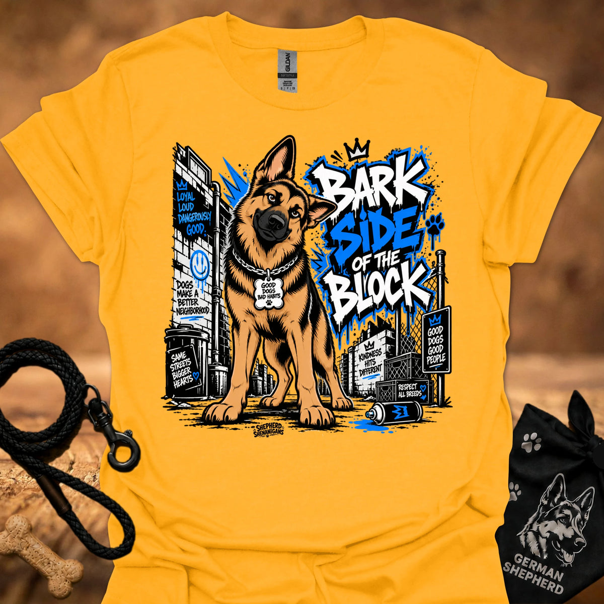 Gold dog T-shirt with German shepherd graphic and "Bark Side of the Block" print