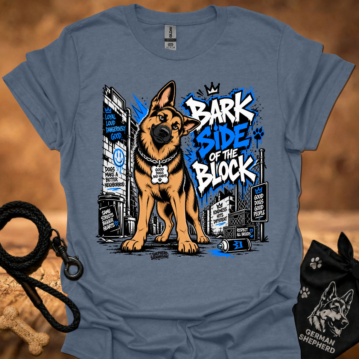 Heather blue dog T-shirt with German shepherd graphic and "Bark Side of the Block" print