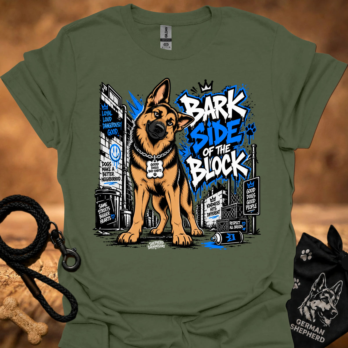 Military green dog T-shirt with German shepherd graphic and "Bark Side of the Block" print