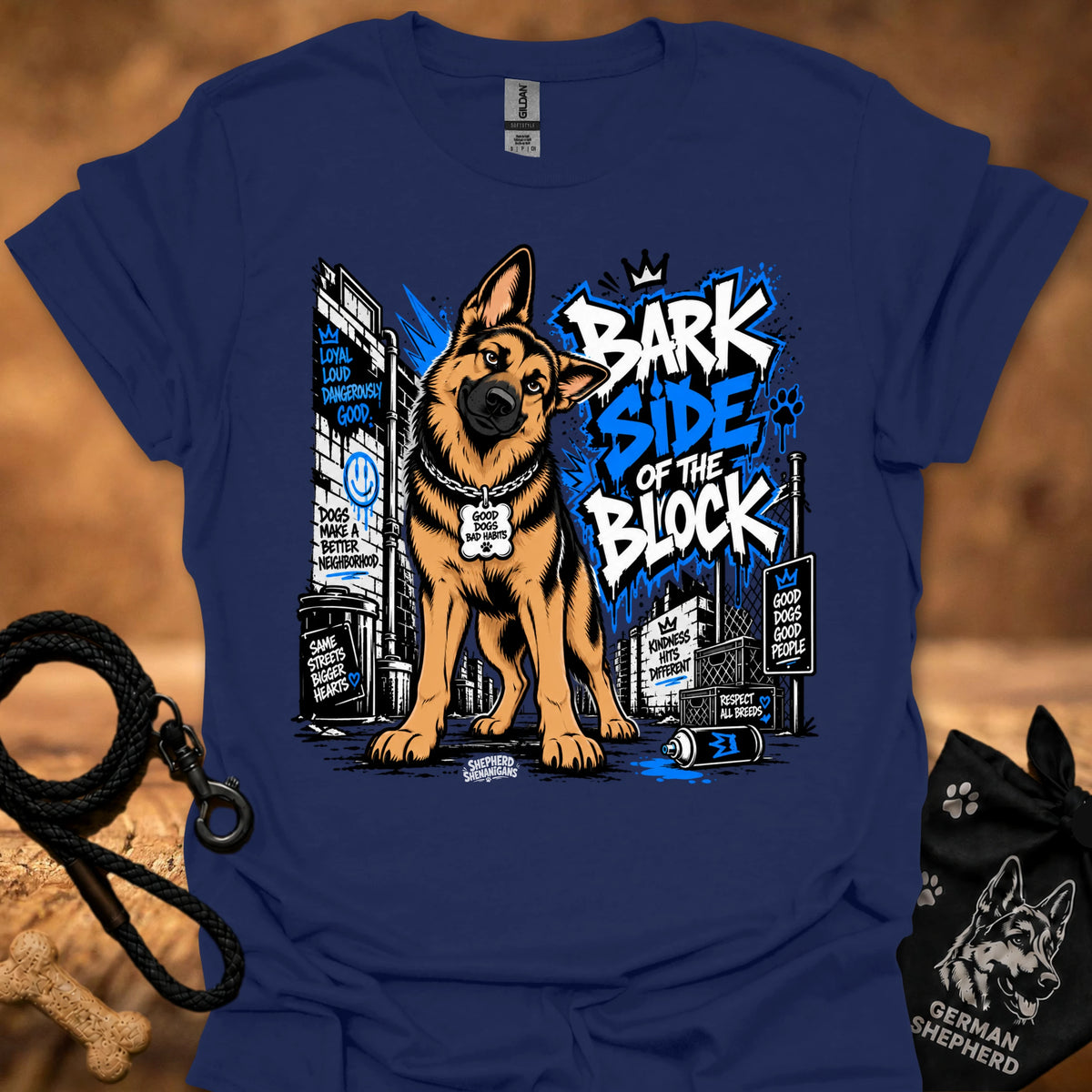Navy dog T-shirt with German shepherd graphic and "Bark Side of the Block" print