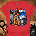 Red dog T-shirt with German shepherd graphic and "Bark Side of the Block" print