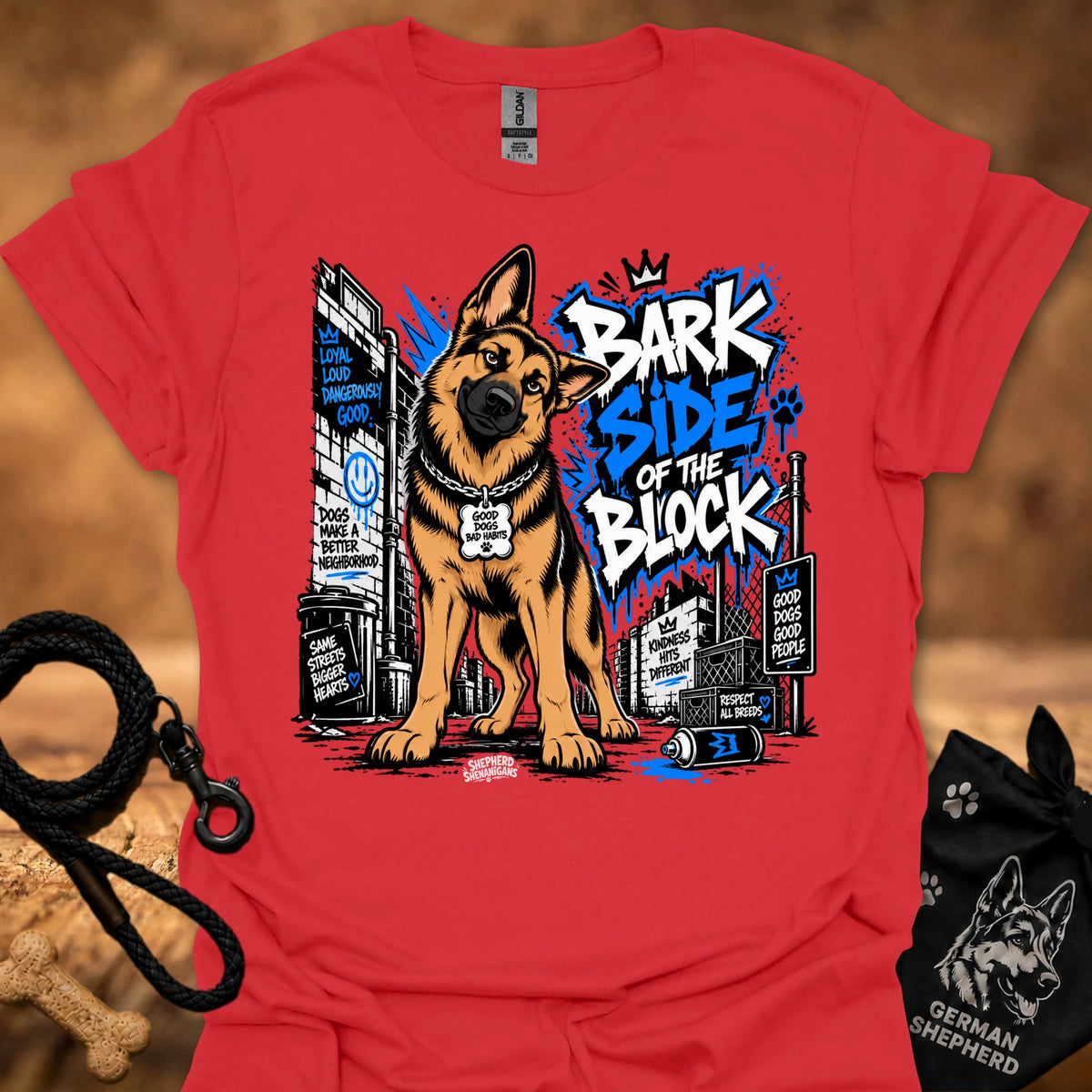 Red dog T-shirt with German shepherd graphic and "Bark Side of the Block" print