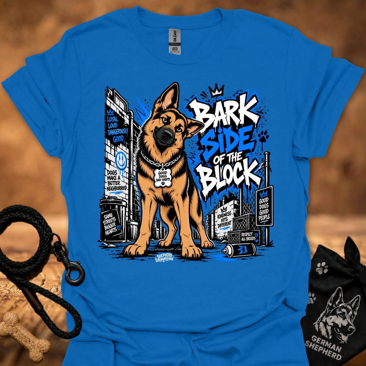 Royal blue dog T-shirt with German shepherd graphic and "Bark Side of the Block" print