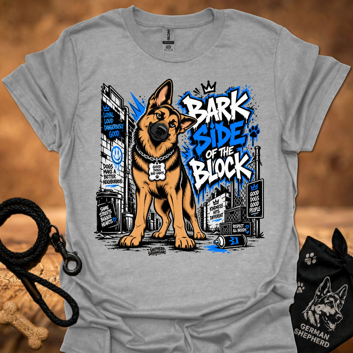 Sport grey dog T-shirt with German shepherd graphic and "Bark Side of the Block" print