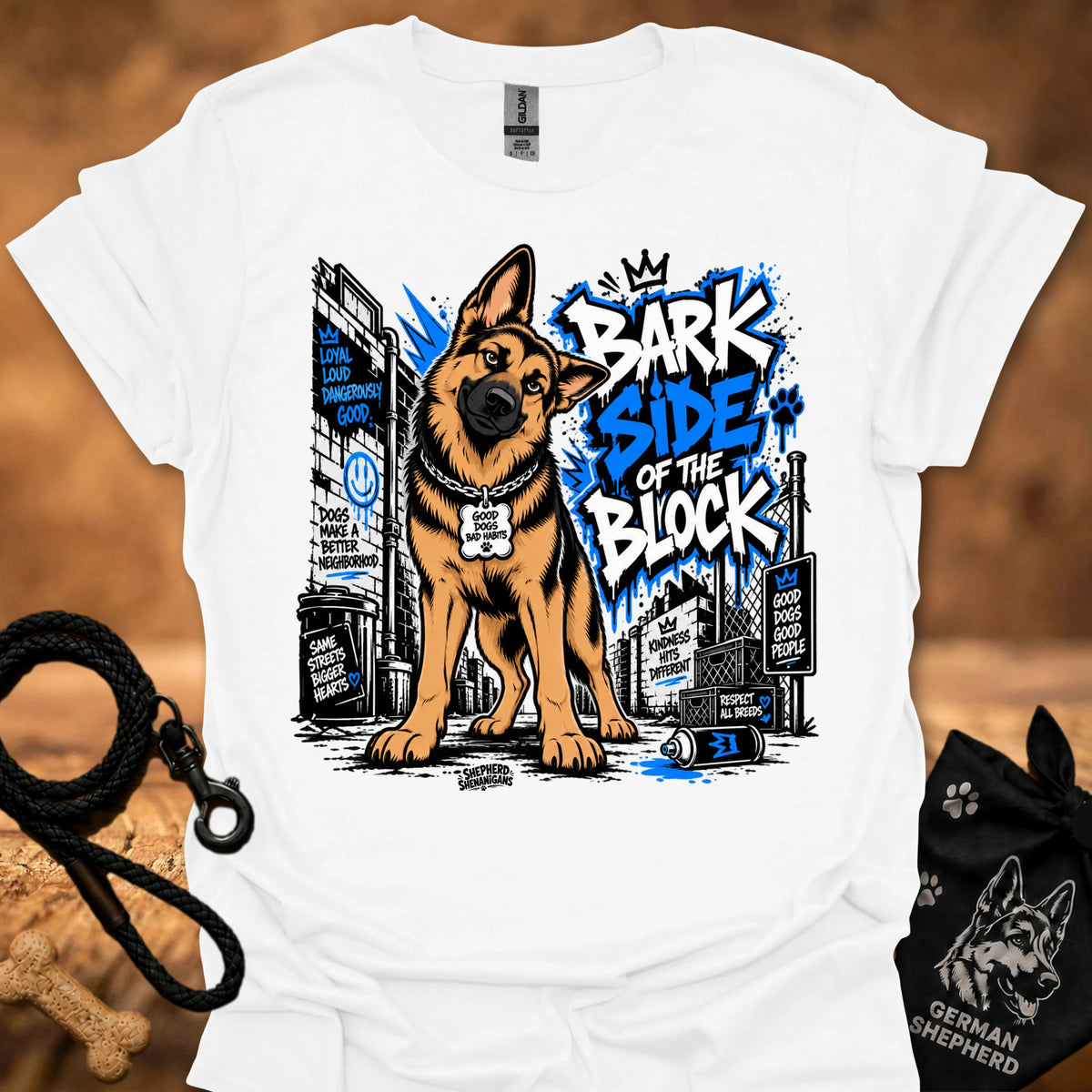 White dog T-shirt with German shepherd graphic and "Bark Side of the Block" print