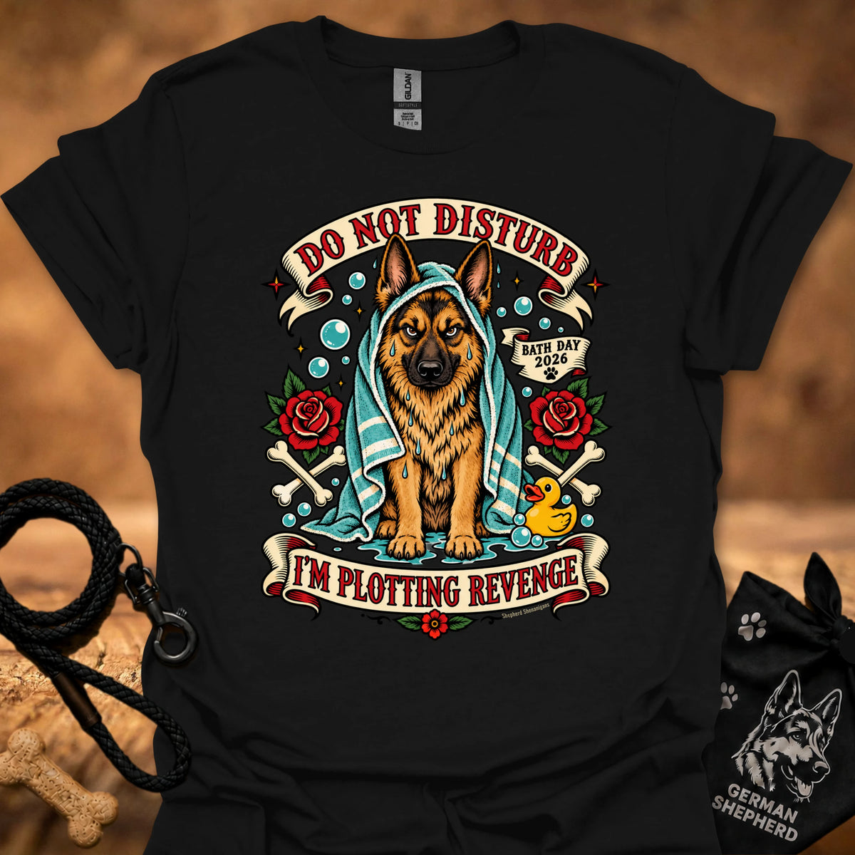 Black t-shirt with German shepherd graphic, bubbles, roses, and “Do Not Disturb” text.
