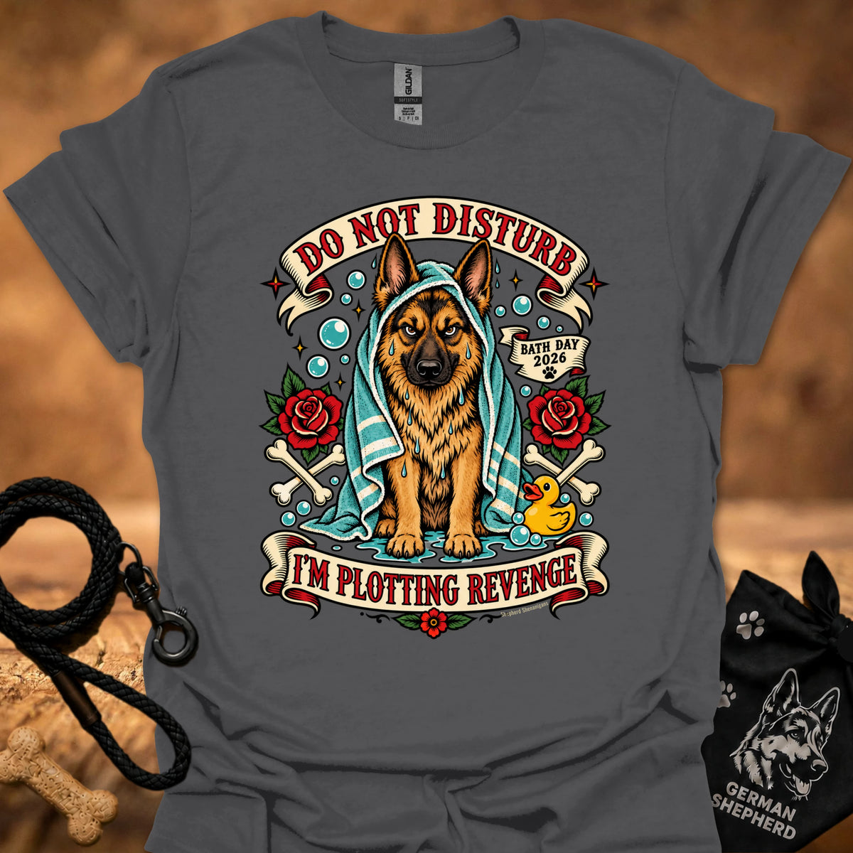 Charcoal t-shirt with German shepherd graphic, bubbles, roses, and “Do Not Disturb” text.