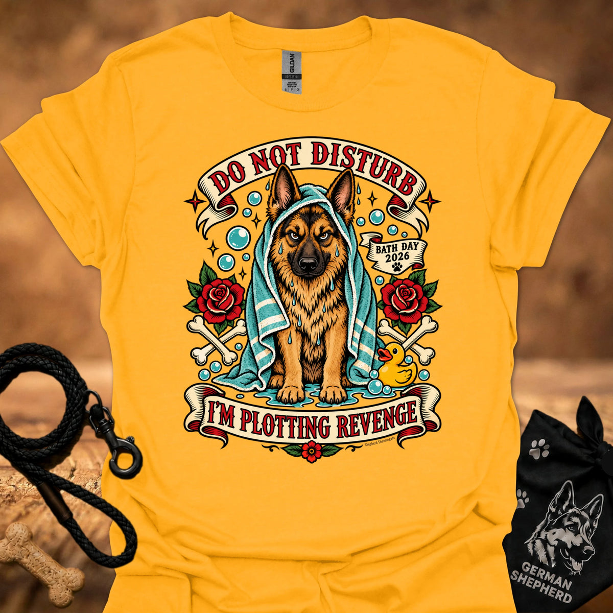 Gold t-shirt with German shepherd graphic, bubbles, roses, and “Do Not Disturb” text.