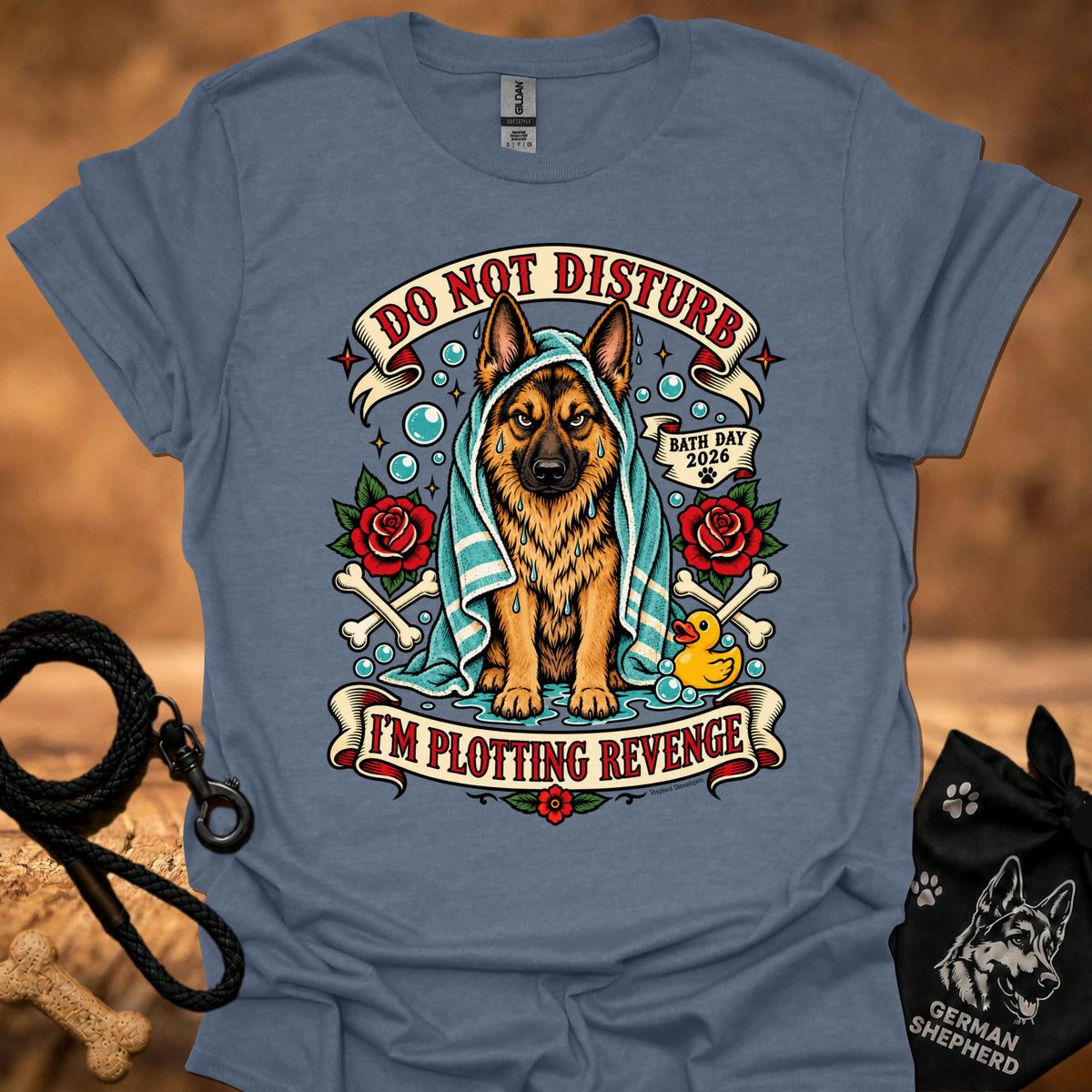 Steel blue t-shirt with German shepherd graphic, bubbles, roses, and “Do Not Disturb” text.