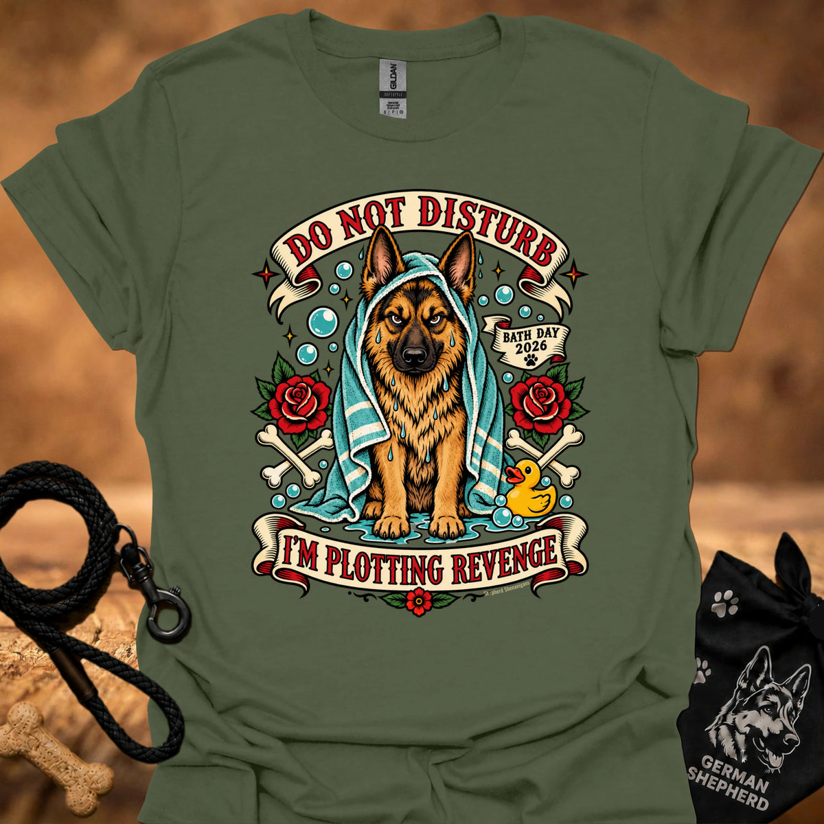 Military green t-shirt with German shepherd graphic, bubbles, roses, and “Do Not Disturb” text.