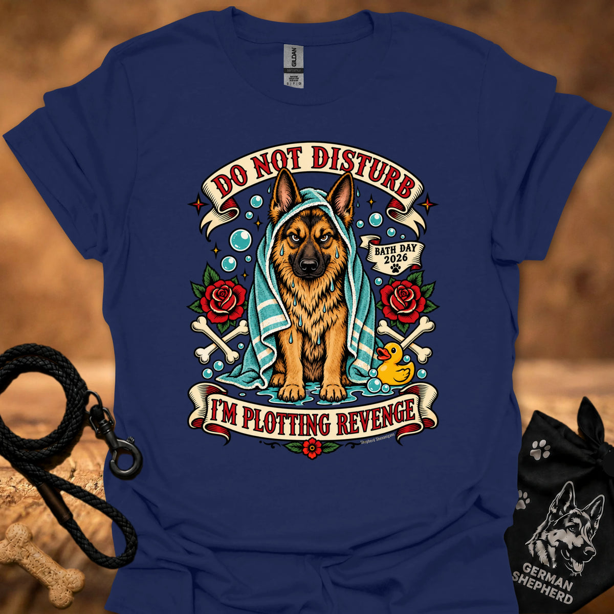 Navy t-shirt with German shepherd graphic, bubbles, roses, and “Do Not Disturb” text.