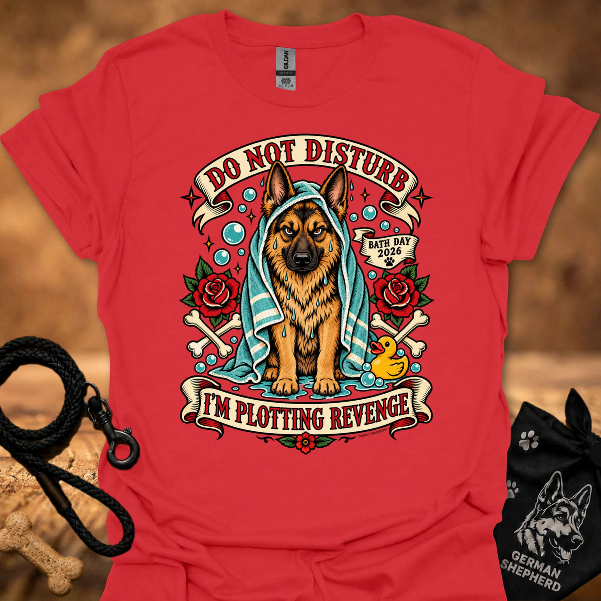 Red t-shirt with German shepherd graphic, bubbles, roses, and “Do Not Disturb” text.