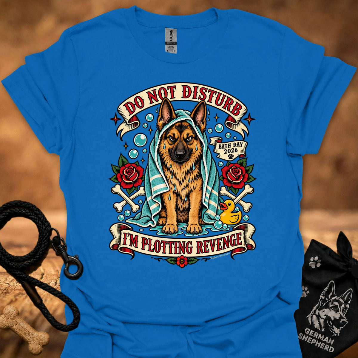 Royal blue t-shirt with German shepherd graphic, bubbles, roses, and “Do Not Disturb” text.