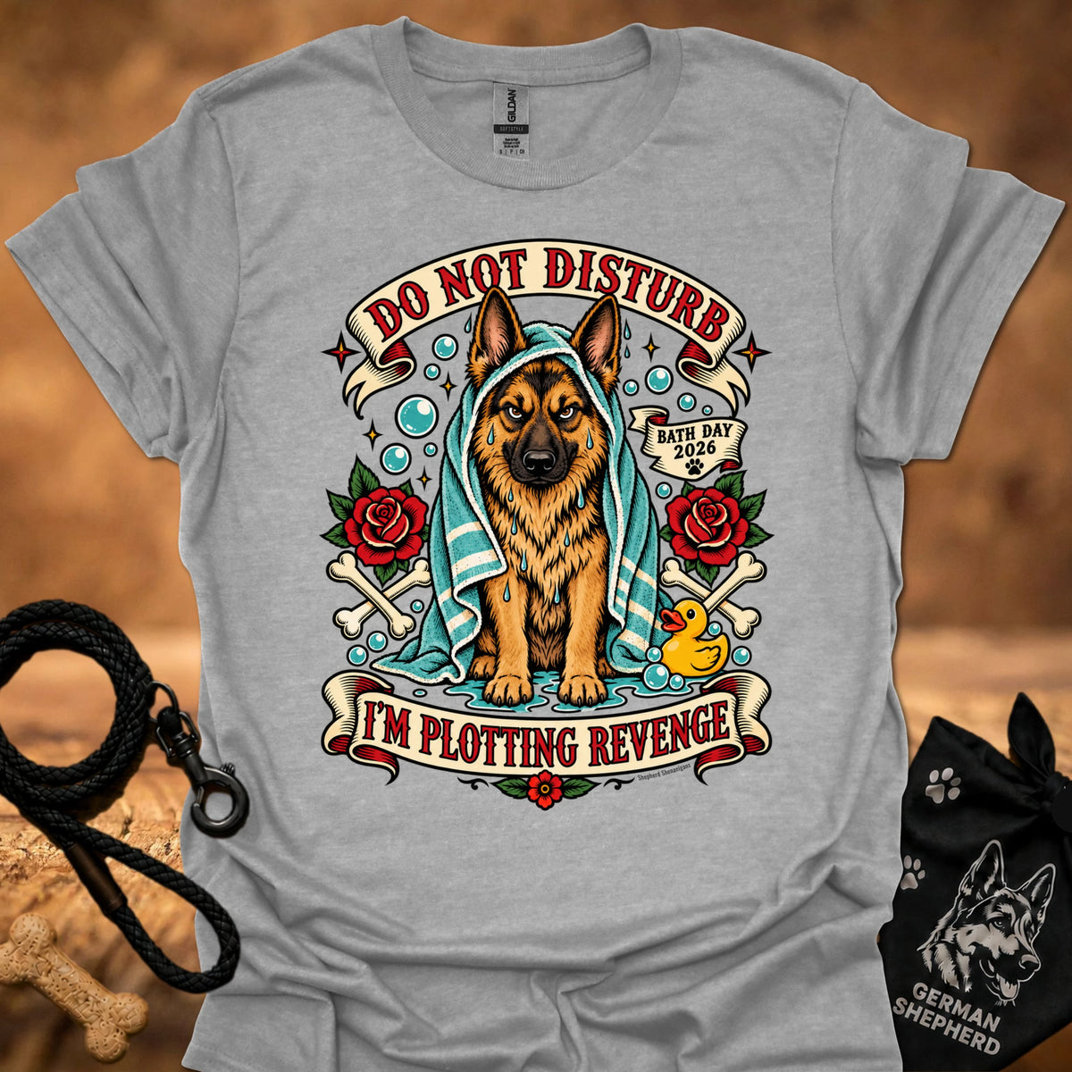 Heather gray t-shirt with German shepherd graphic, bubbles, roses, and “Do Not Disturb” text.