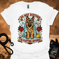 White t-shirt with German shepherd graphic, bubbles, roses, and “Do Not Disturb” text.