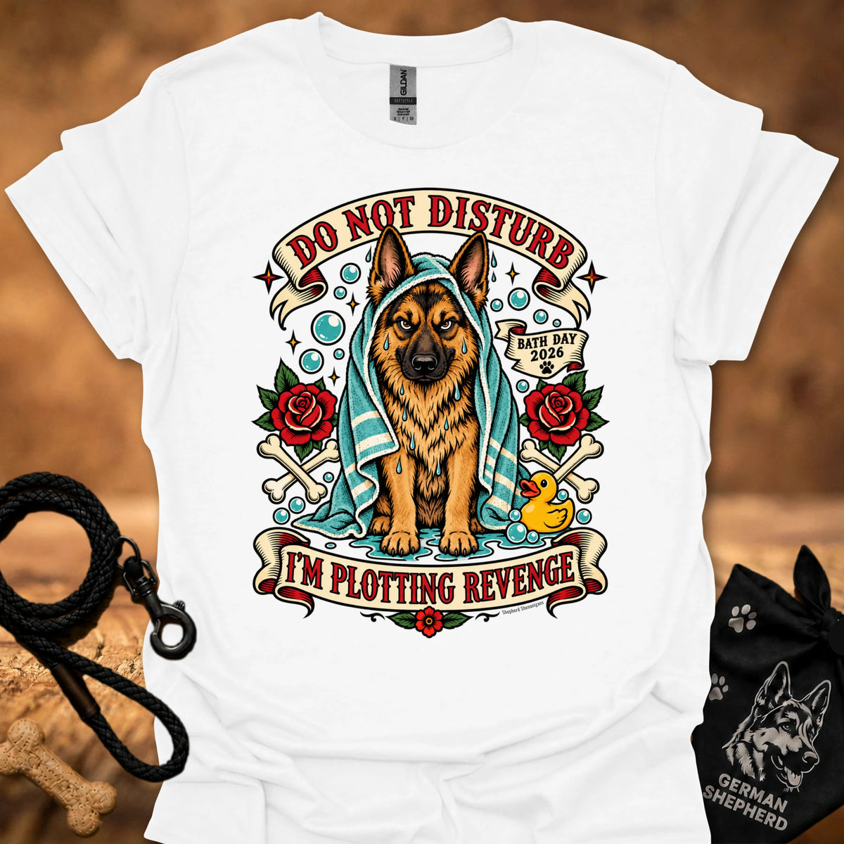 White t-shirt with German shepherd graphic, bubbles, roses, and “Do Not Disturb” text.