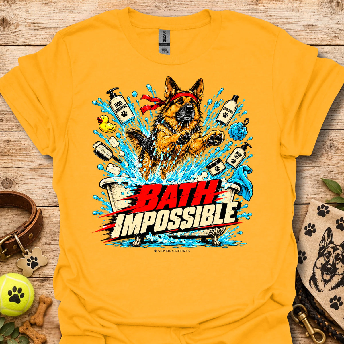 Graphic dog bath T-shirt in yellow with colorful splashes and logo-style text