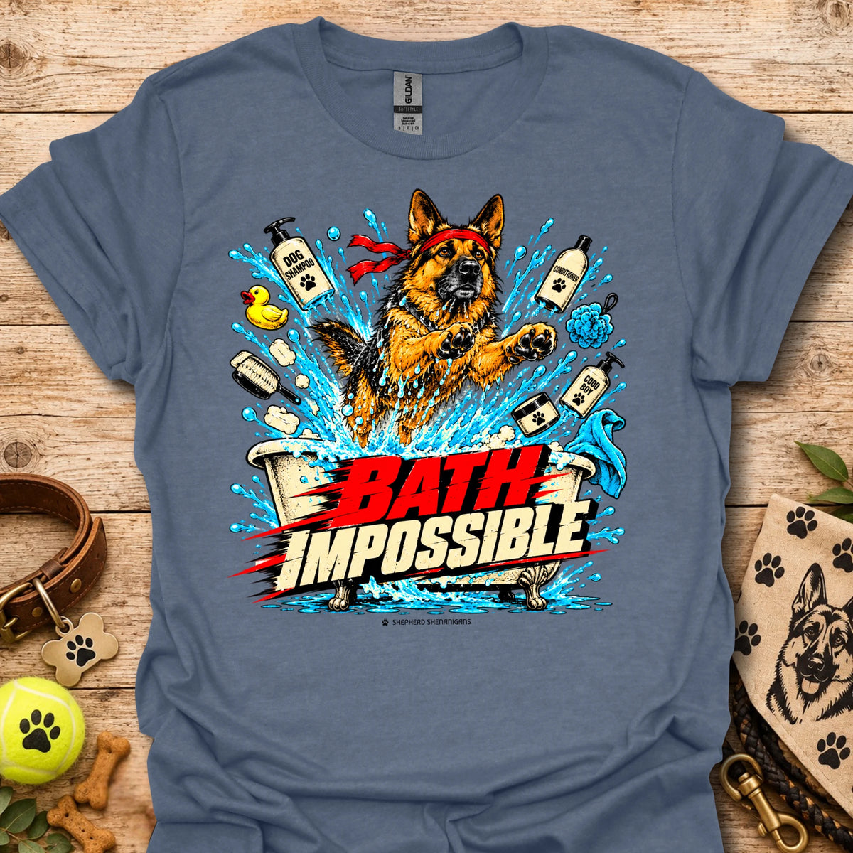 Graphic dog bath T-shirt in blue-gray with colorful splash and bold red/black print