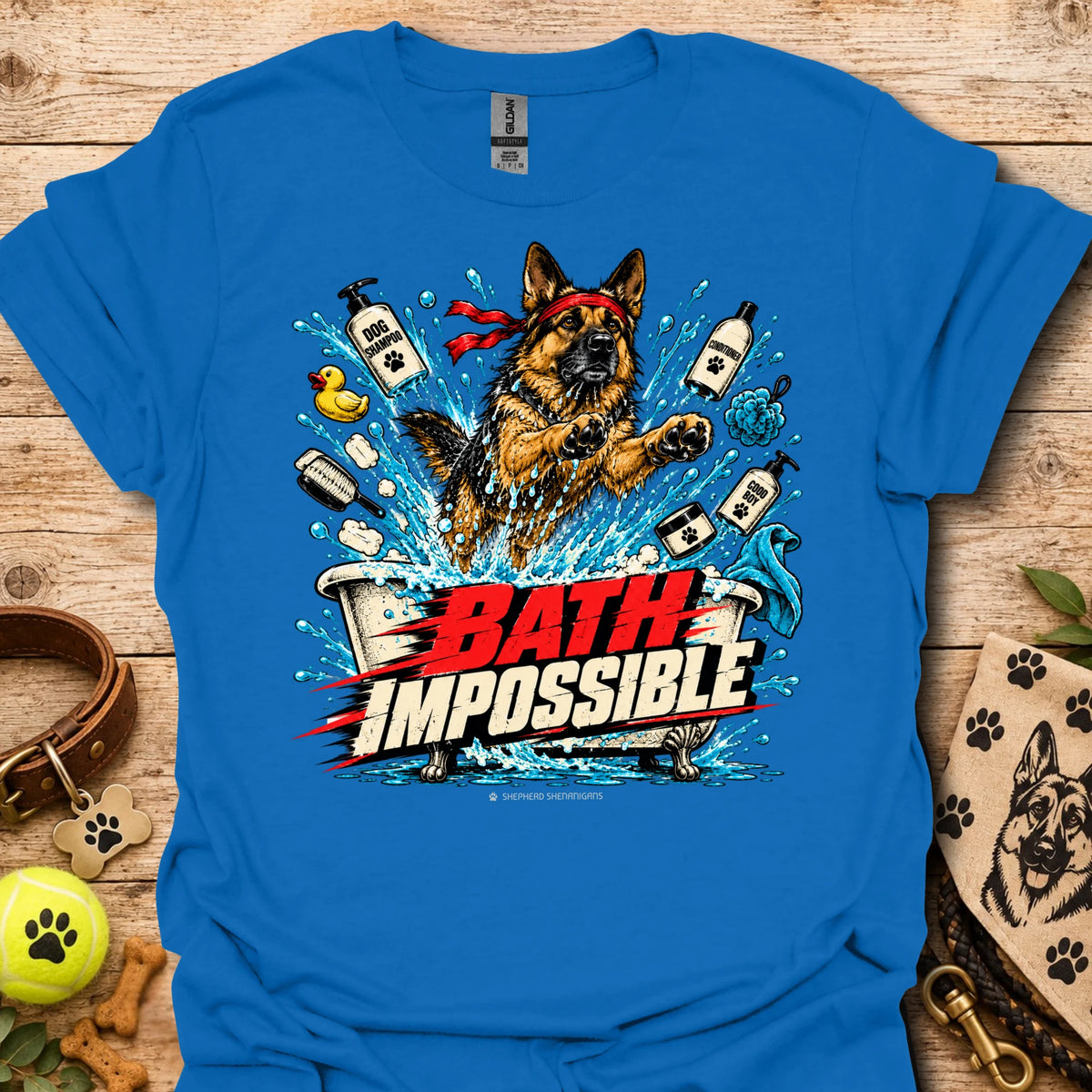 Graphic dog bath T-shirt in royal blue with colorful splash and dog portrait print