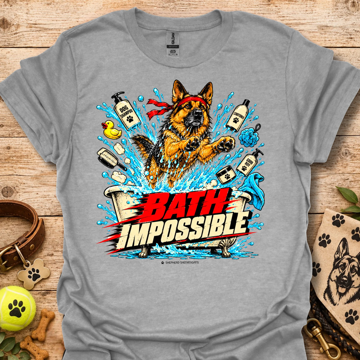 Bath Impossible T-shirt, heather gray crewneck with colorful dog bath splash graphic