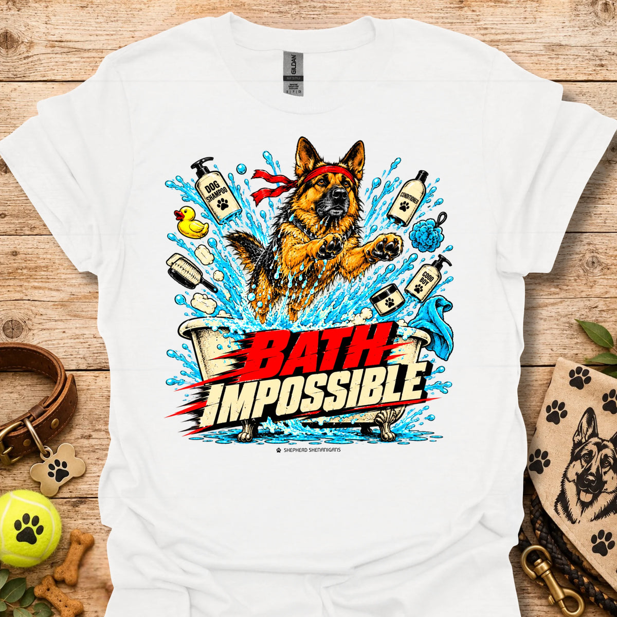 Graphic dog bath T-shirt in white with colorful splash and dog portrait graphic