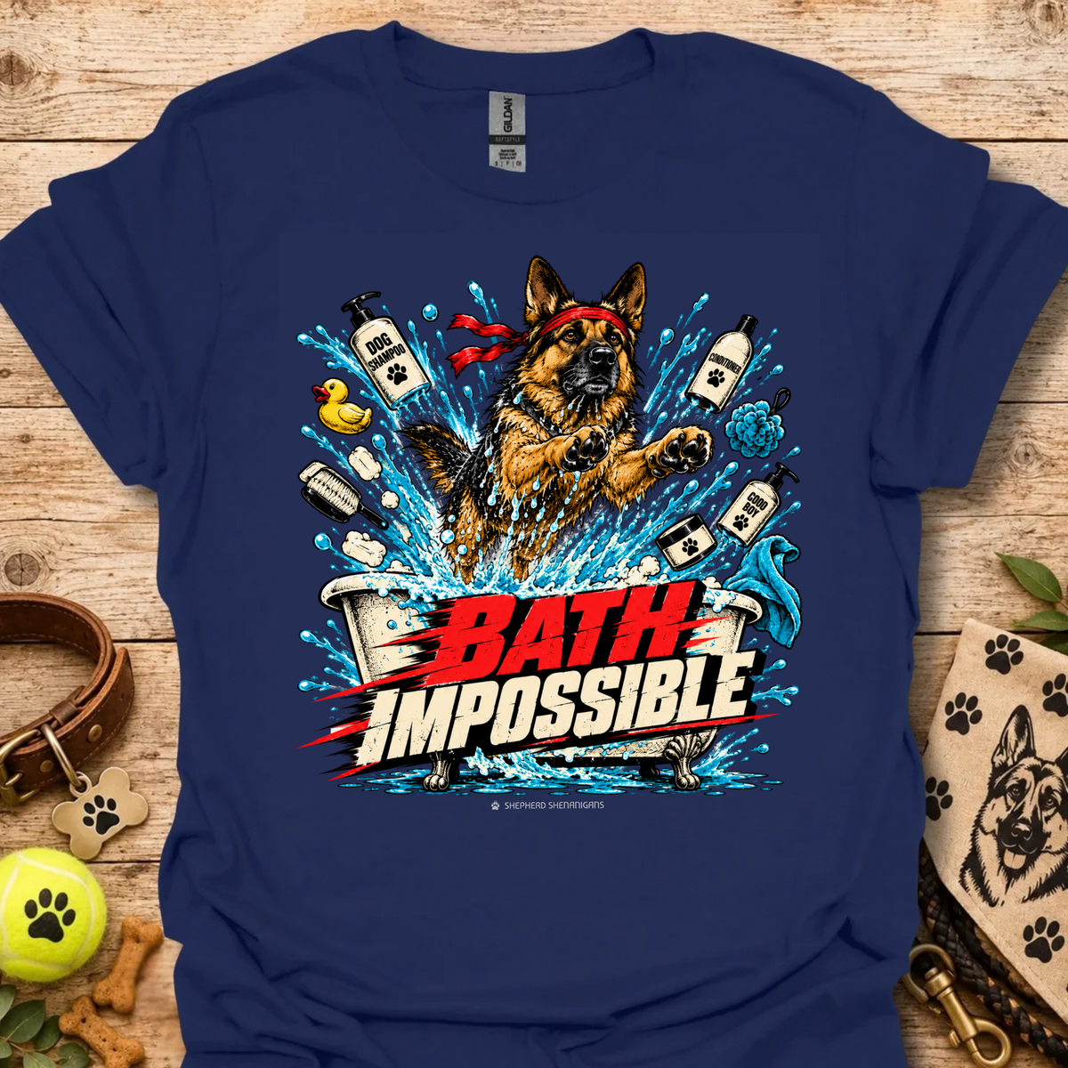 Graphic dog bath T-shirt in navy blue with colorful splash and red/black text graphic