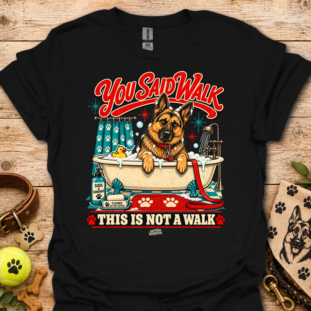 Black T-shirt with colorful German shepherd graphic and 'This is not a walk' text