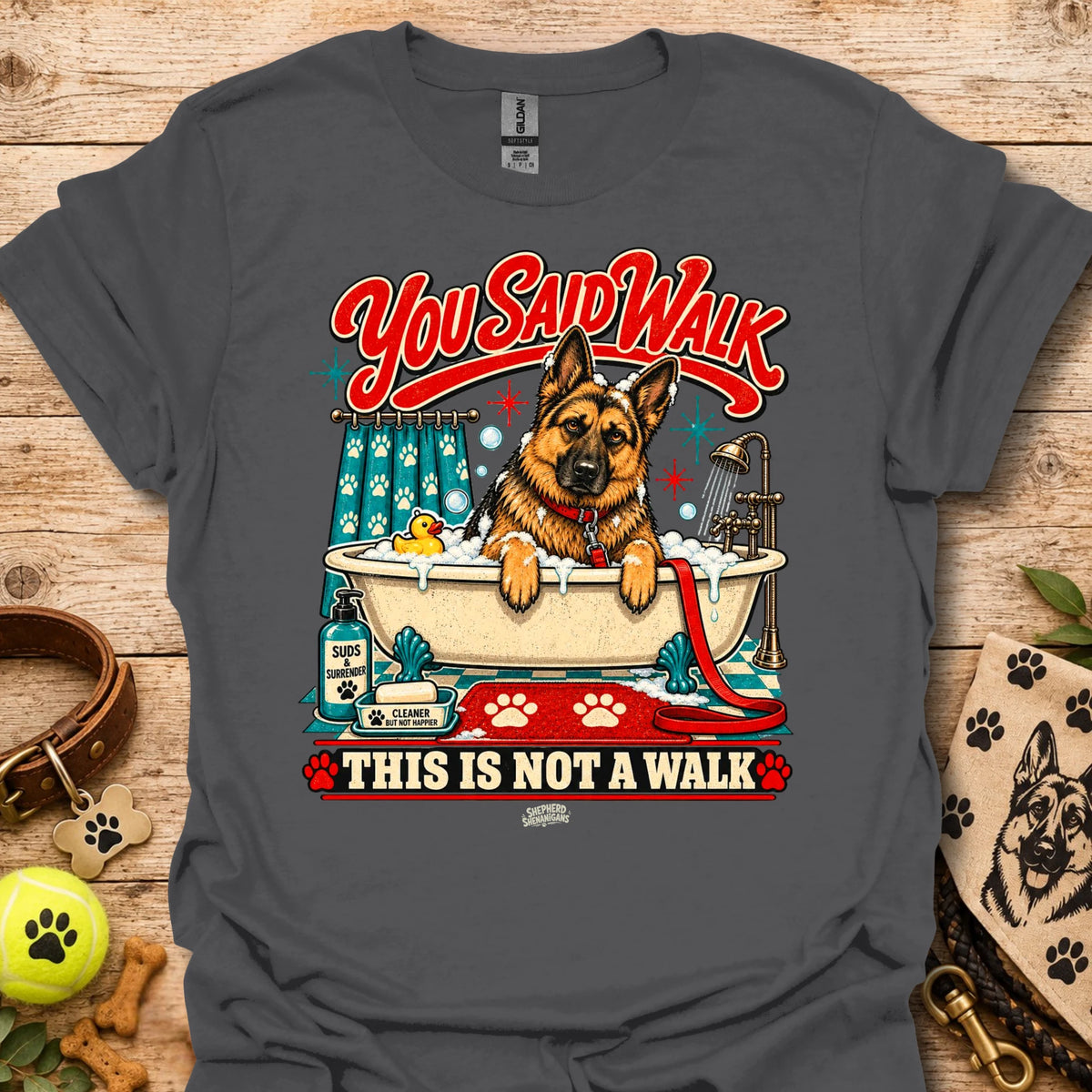Charcoal T-shirt with colorful German shepherd graphic and 'This is not a walk' text