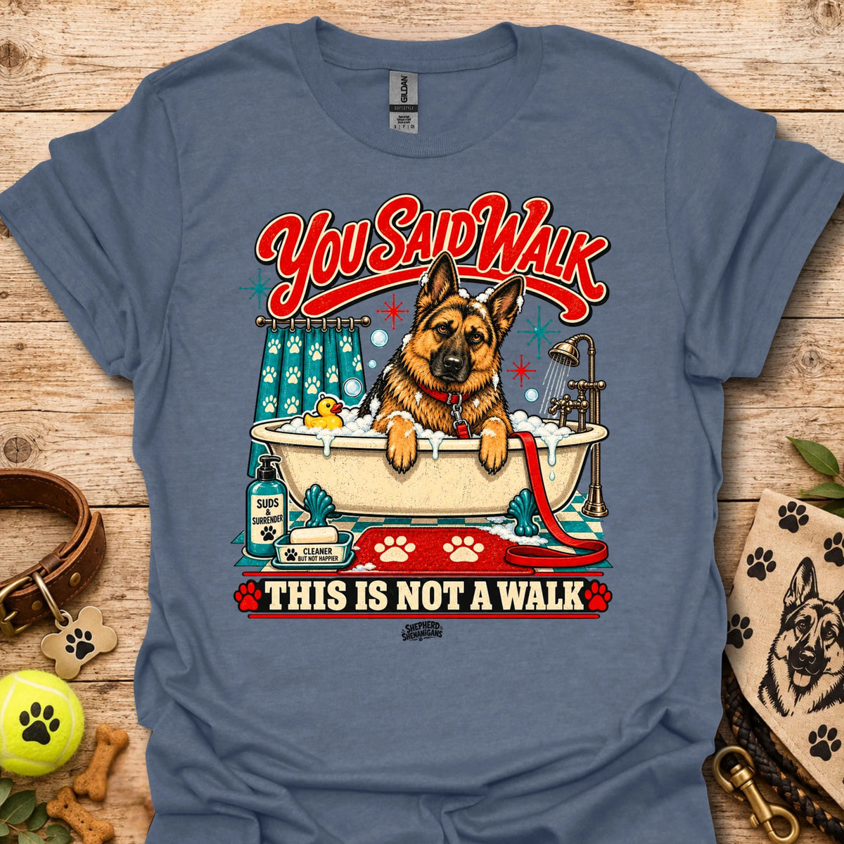 Heather indigo T-shirt with colorful German shepherd graphic and 'This is not a walk' text