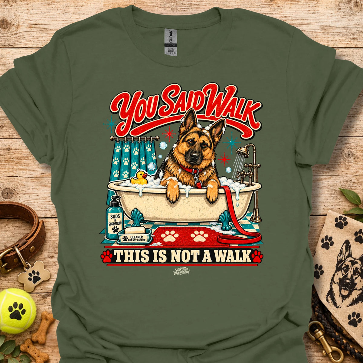 Military green T-shirt with colorful German shepherd graphic and 'This is not a walk' text