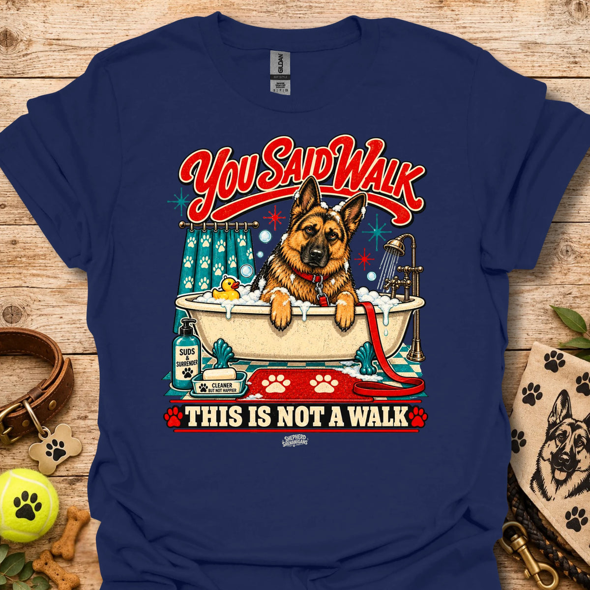 Navy T-shirt with colorful German shepherd graphic and 'This is not a walk' text