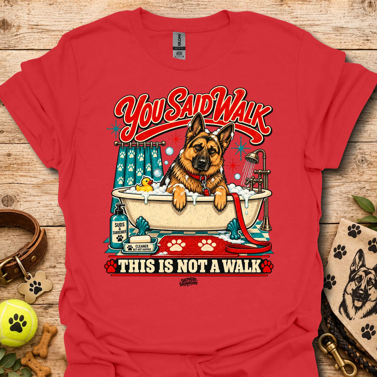 Red T-shirt with colorful German shepherd graphic and 'This is not a walk' text