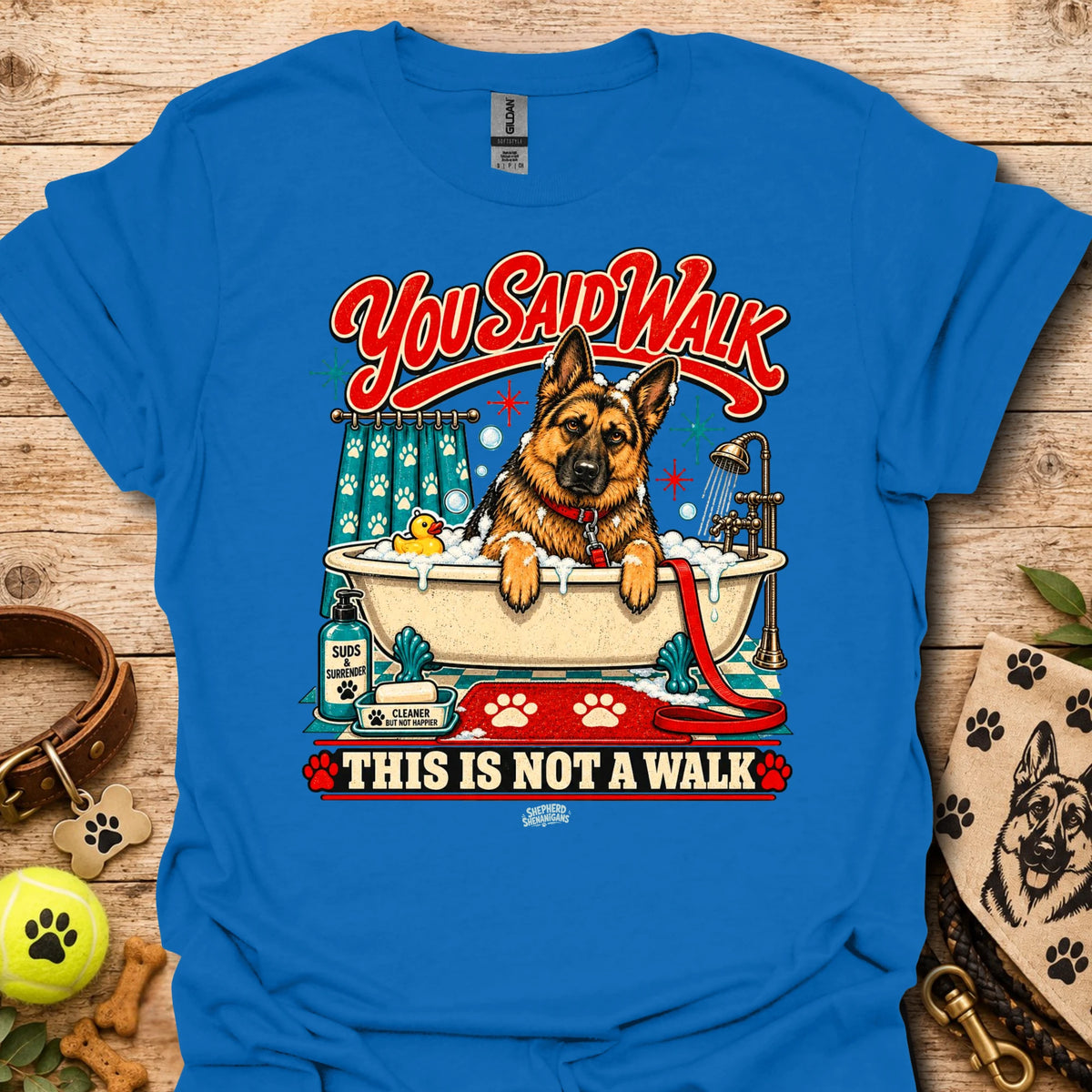 Royal blue T-shirt with colorful German shepherd graphic and 'This is not a walk' text